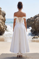 Load image into Gallery viewer, A Line White Ruched Off the Shoulder Long Wedding Dress with Slit