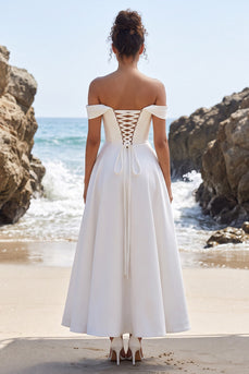 A Line White Ruched Off the Shoulder Long Wedding Dress with Slit