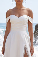 Load image into Gallery viewer, A Line White Ruched Off the Shoulder Long Wedding Dress with Slit