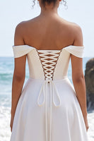 Load image into Gallery viewer, A Line White Ruched Off the Shoulder Long Wedding Dress with Slit