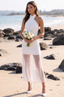 Load image into Gallery viewer, Simple White Bodycon Halter Midi Beach Wedding Dress