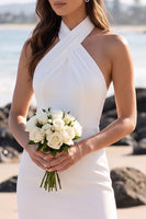 Load image into Gallery viewer, Simple White Bodycon Halter Midi Beach Wedding Dress