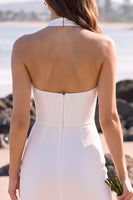 Load image into Gallery viewer, Simple White Bodycon Halter Midi Beach Wedding Dress
