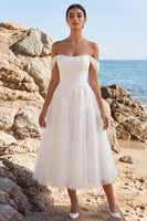 Load image into Gallery viewer, White A Line Floral Off the Shoulder Midi Beach Wedding Dress