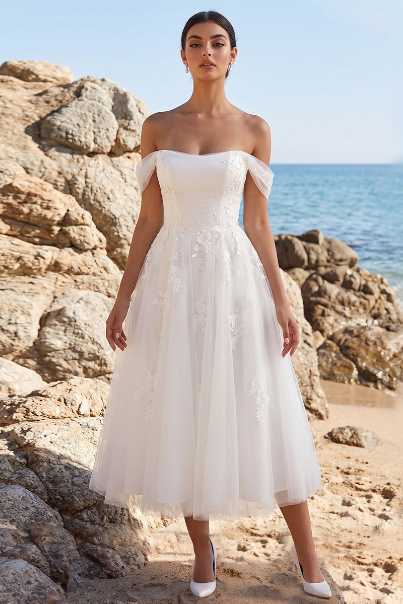 Load image into Gallery viewer, White A Line Floral Off the Shoulder Midi Beach Wedding Dress