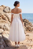 Load image into Gallery viewer, White A Line Floral Off the Shoulder Midi Beach Wedding Dress