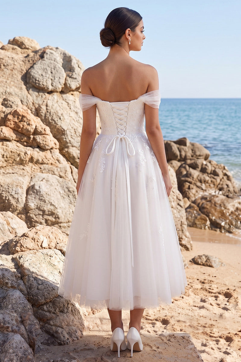 Load image into Gallery viewer, White A Line Floral Off the Shoulder Midi Beach Wedding Dress