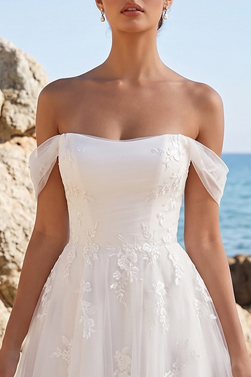 Load image into Gallery viewer, White A Line Floral Off the Shoulder Midi Beach Wedding Dress