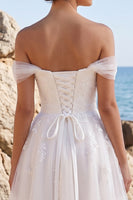 Load image into Gallery viewer, White A Line Floral Off the Shoulder Midi Beach Wedding Dress