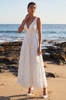 Load image into Gallery viewer, Floral White A Line V-Neck Long Wedding Dress