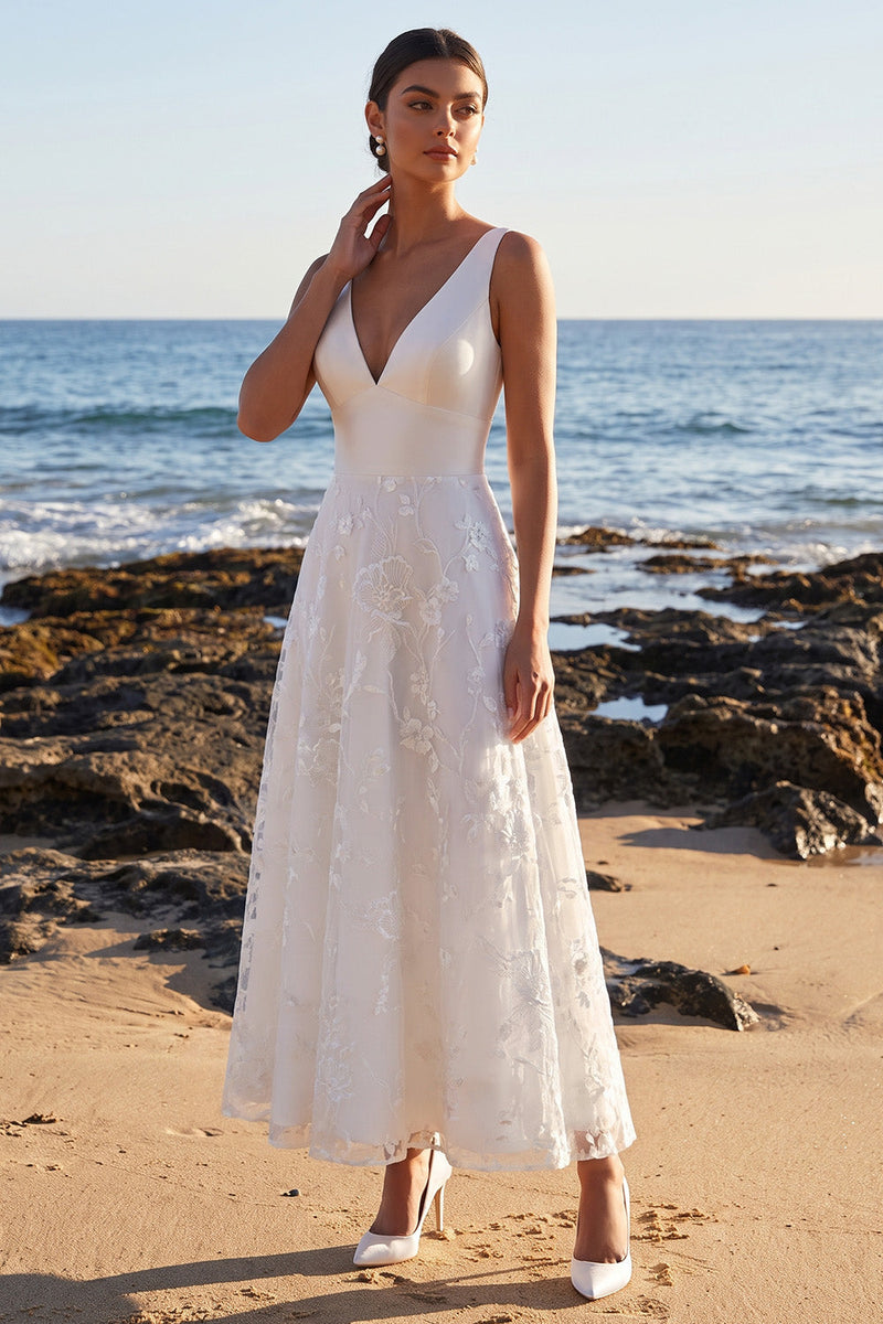 Load image into Gallery viewer, Floral White A Line V-Neck Long Wedding Dress