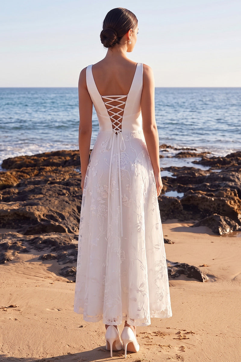 Load image into Gallery viewer, Floral White A Line V-Neck Long Wedding Dress