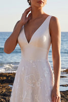 Load image into Gallery viewer, Floral White A Line V-Neck Long Wedding Dress