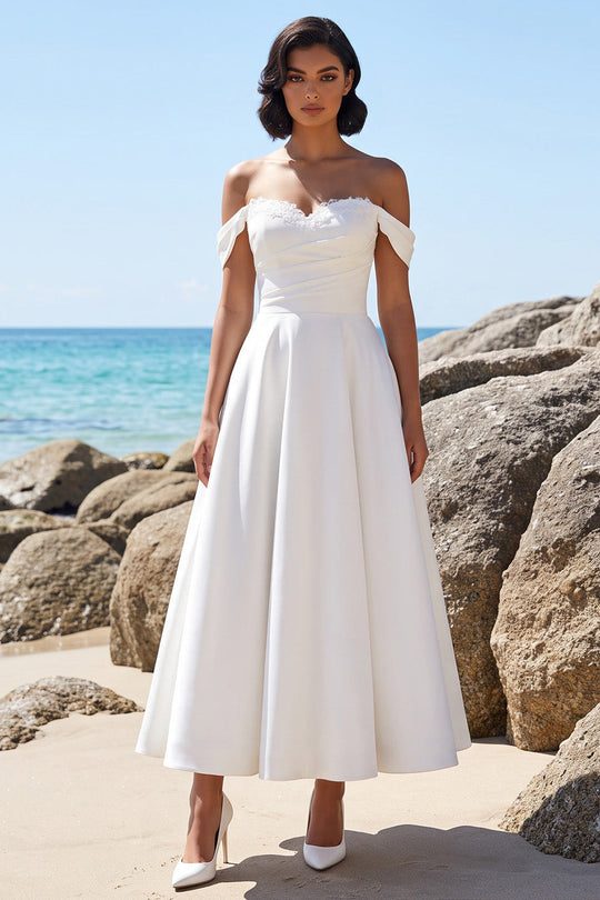 Ruched White A Line Off the Shoulder Long Wedding Dress with Lace