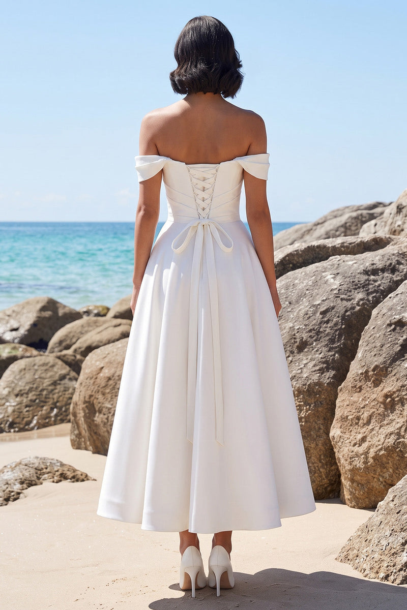 Load image into Gallery viewer, Ruched White A Line Off the Shoulder Long Wedding Dress with Lace