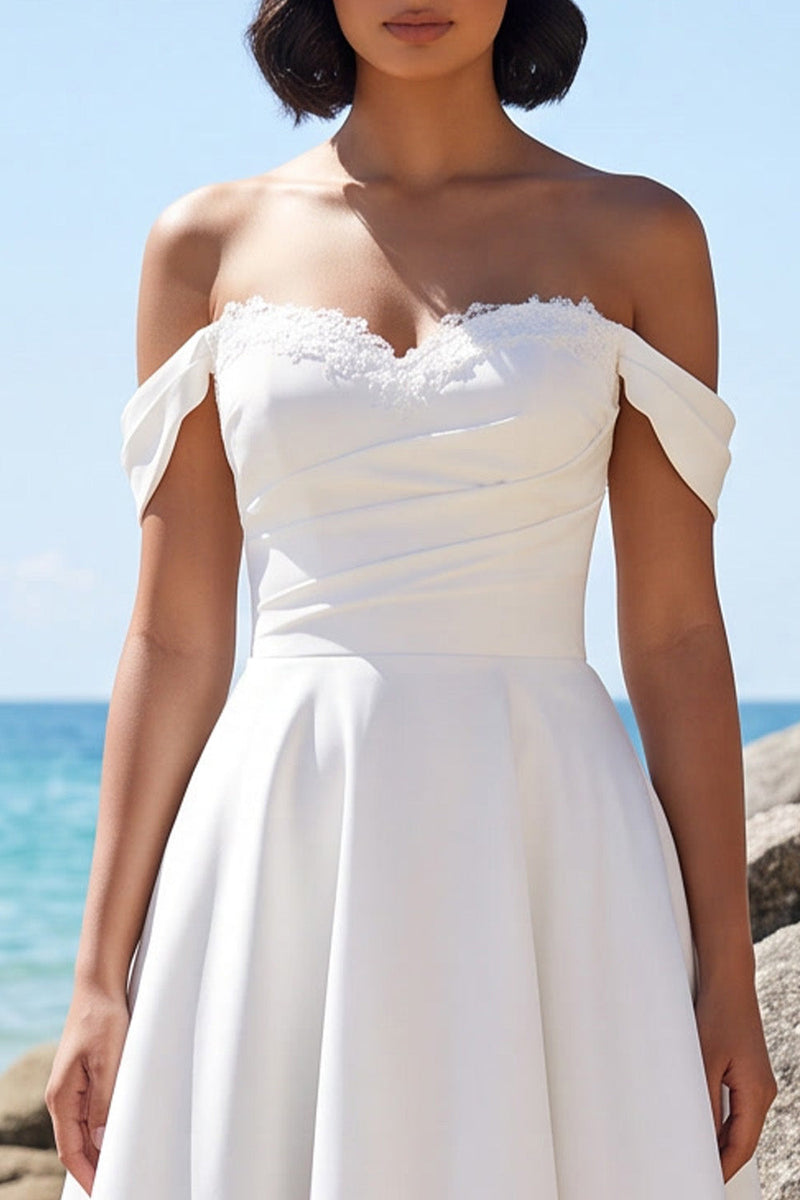 Load image into Gallery viewer, Ruched White A Line Off the Shoulder Long Wedding Dress with Lace
