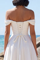 Load image into Gallery viewer, Ruched White A Line Off the Shoulder Long Wedding Dress with Lace
