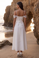 Load image into Gallery viewer, White A Line Floral Cold Shoulder Long Wedding Dress