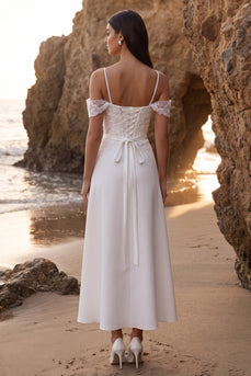 White A Line Floral Cold Shoulder Long Wedding Dress
