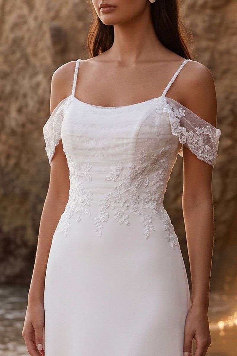 Load image into Gallery viewer, White A Line Floral Cold Shoulder Long Wedding Dress