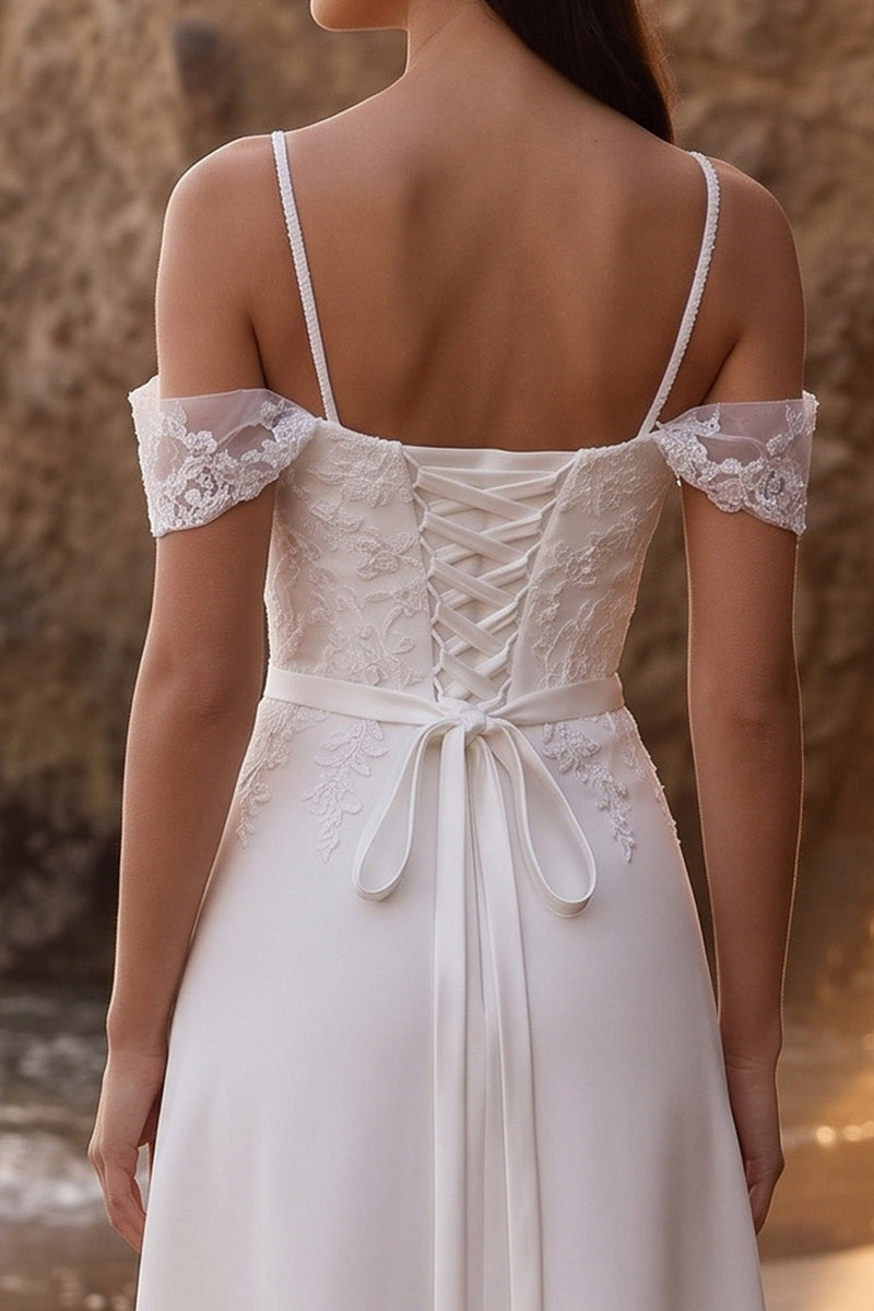Load image into Gallery viewer, White A Line Floral Cold Shoulder Long Wedding Dress