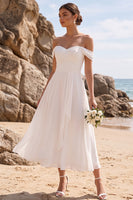Load image into Gallery viewer, A Line White Ruffled Ruched Chiffon Off the Shoulder Midi Beach Wedding Dress