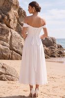 Load image into Gallery viewer, A Line White Ruffled Ruched Chiffon Off the Shoulder Midi Beach Wedding Dress