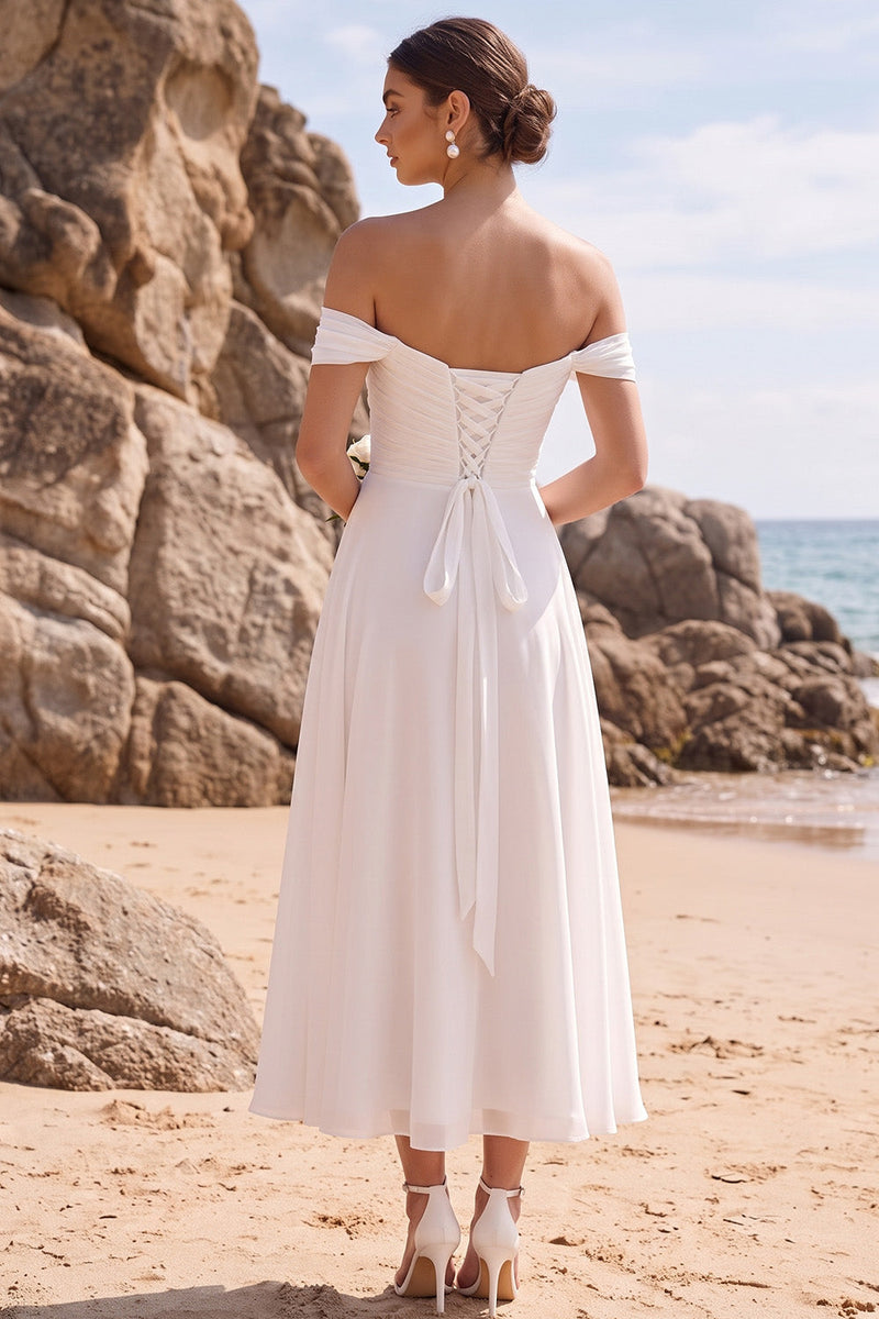 Load image into Gallery viewer, A Line White Ruffled Ruched Chiffon Off the Shoulder Midi Beach Wedding Dress