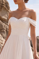 Load image into Gallery viewer, A Line White Ruffled Ruched Chiffon Off the Shoulder Midi Beach Wedding Dress