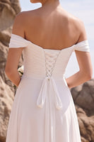 Load image into Gallery viewer, A Line White Ruffled Ruched Chiffon Off the Shoulder Midi Beach Wedding Dress