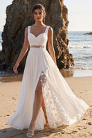 Load image into Gallery viewer, Floral White A Line Ruched Chiffon Long Beach Wedding Dress with Slit