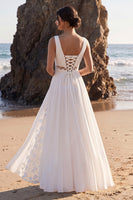 Load image into Gallery viewer, Floral White A Line Ruched Chiffon Long Beach Wedding Dress with Slit