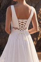 Load image into Gallery viewer, Floral White A Line Ruched Chiffon Long Beach Wedding Dress with Slit