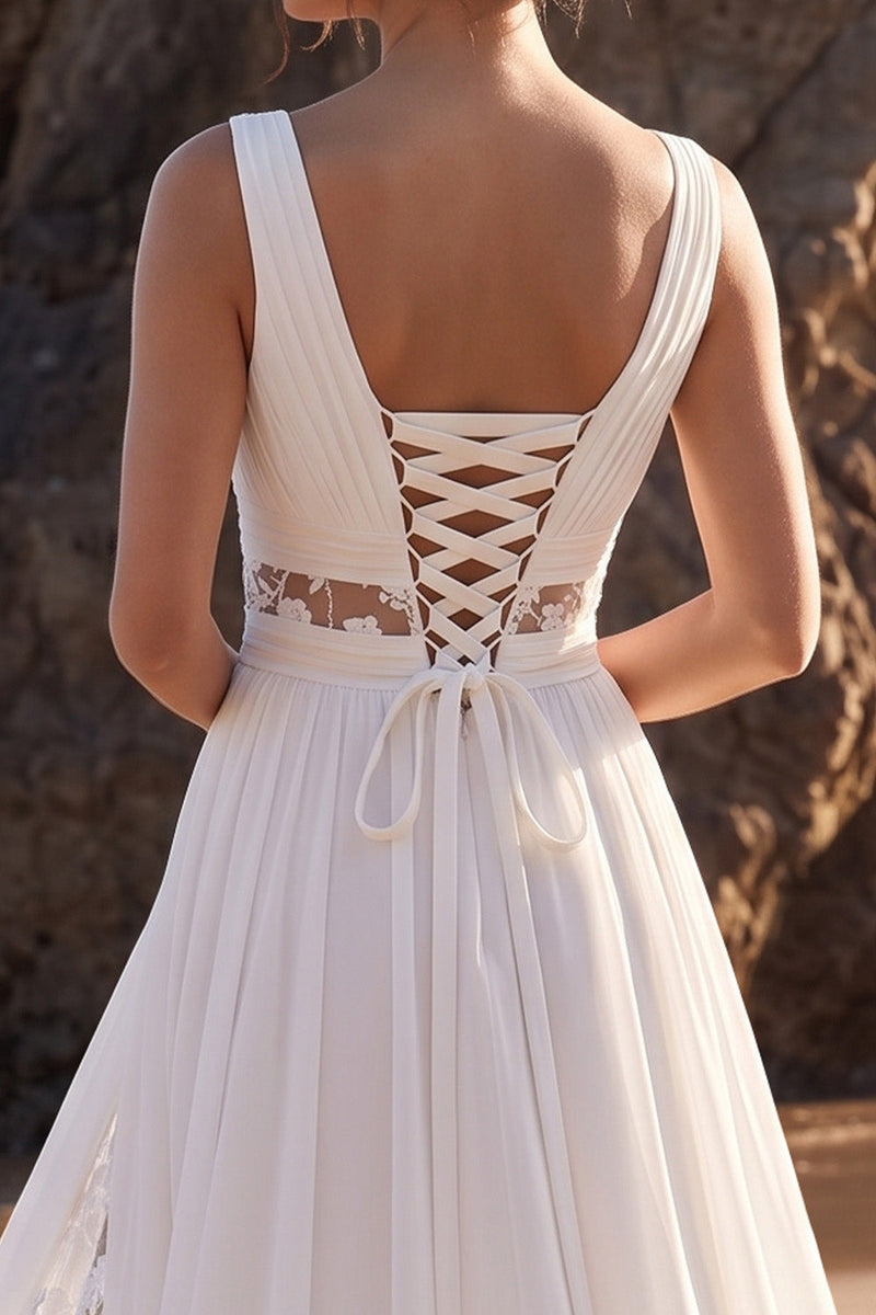 Load image into Gallery viewer, Floral White A Line Ruched Chiffon Long Beach Wedding Dress with Slit