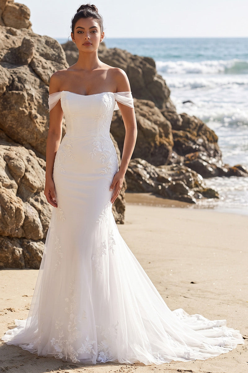 Load image into Gallery viewer, White Mermaid Floral Off The Shoulder Sweep Train Beach Wedding Dress