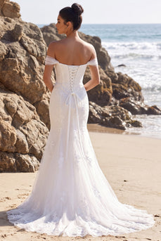 White Mermaid Floral Off The Shoulder Sweep Train Beach Wedding Dress