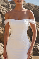 Load image into Gallery viewer, White Mermaid Floral Off The Shoulder Sweep Train Beach Wedding Dress