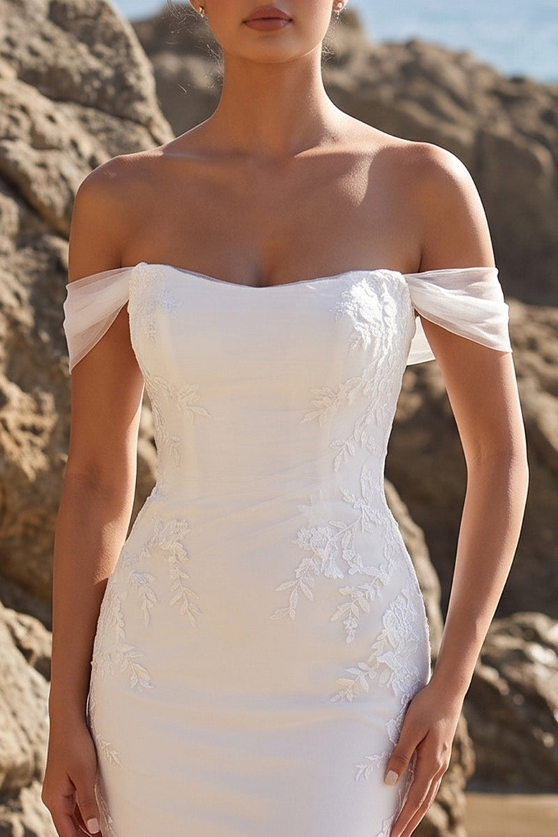 Load image into Gallery viewer, White Mermaid Floral Off The Shoulder Sweep Train Beach Wedding Dress