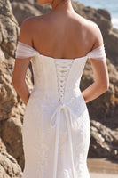 Load image into Gallery viewer, White Mermaid Floral Off The Shoulder Sweep Train Beach Wedding Dress