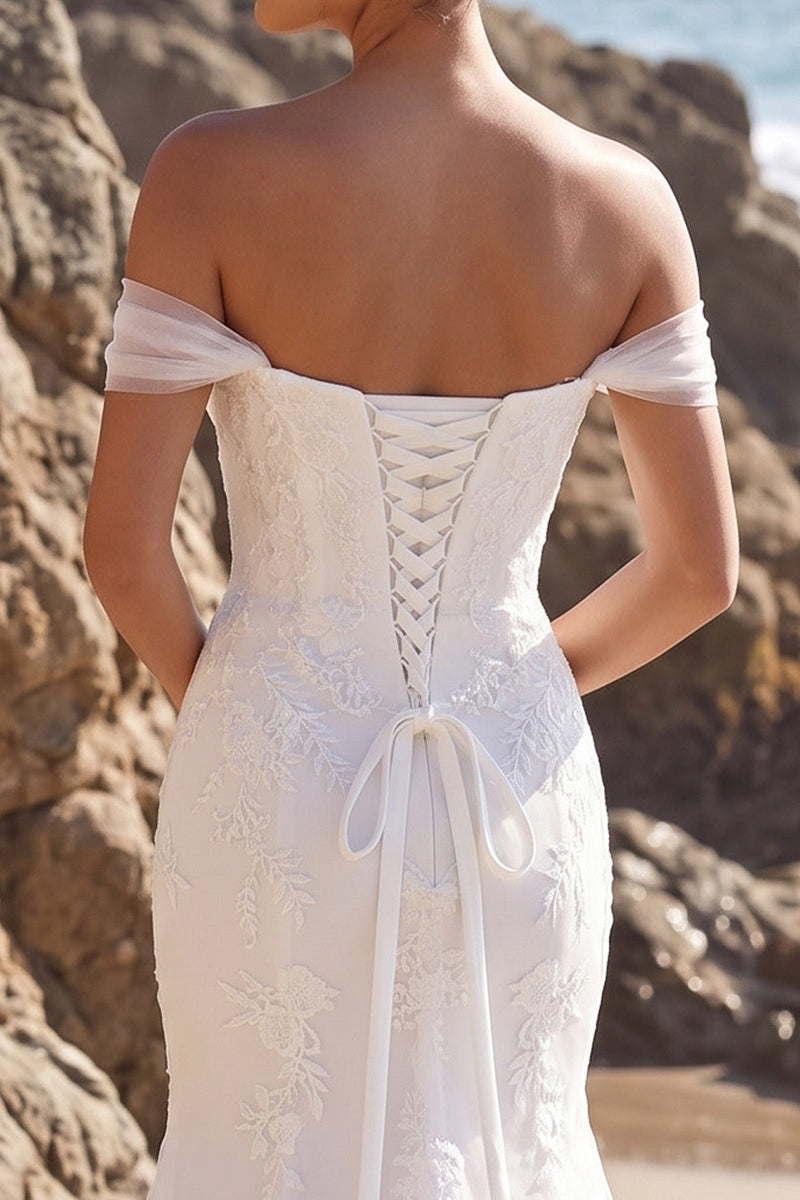 Load image into Gallery viewer, White Mermaid Floral Off The Shoulder Sweep Train Beach Wedding Dress