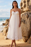 Load image into Gallery viewer, White A Line Floral Ruched Sweetheart Midi Beach Wedding Dress