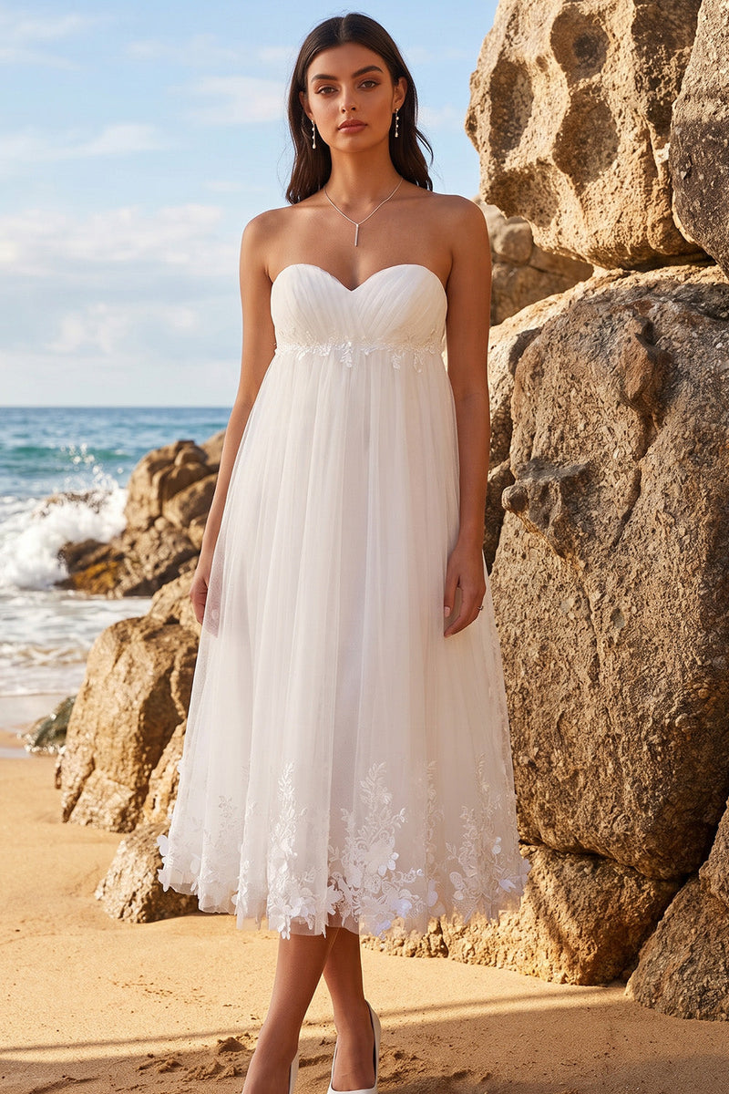 Load image into Gallery viewer, White A Line Floral Ruched Sweetheart Midi Beach Wedding Dress