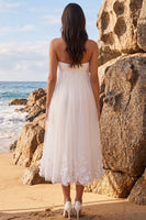Load image into Gallery viewer, White A Line Floral Ruched Sweetheart Midi Beach Wedding Dress