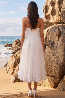 White A Line Floral Ruched Sweetheart Midi Beach Wedding Dress