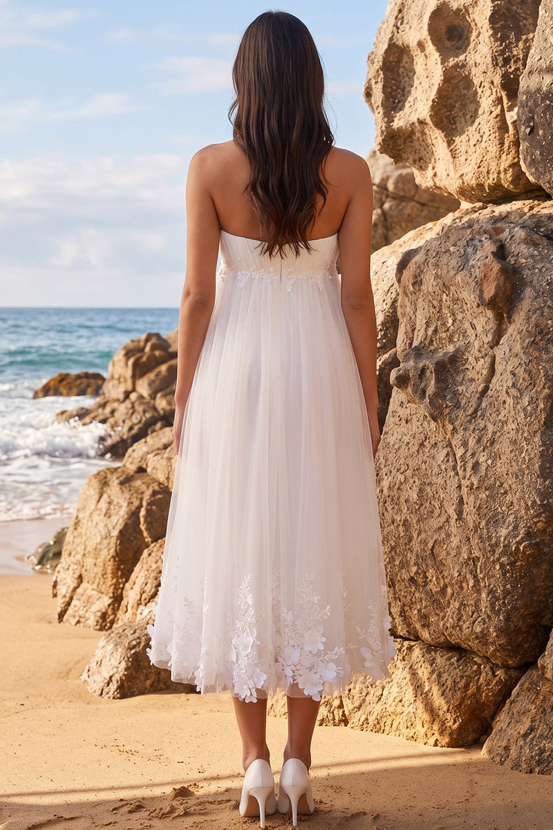Load image into Gallery viewer, White A Line Floral Ruched Sweetheart Midi Beach Wedding Dress
