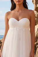 Load image into Gallery viewer, White A Line Floral Ruched Sweetheart Midi Beach Wedding Dress