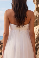 Load image into Gallery viewer, White A Line Floral Ruched Sweetheart Midi Beach Wedding Dress