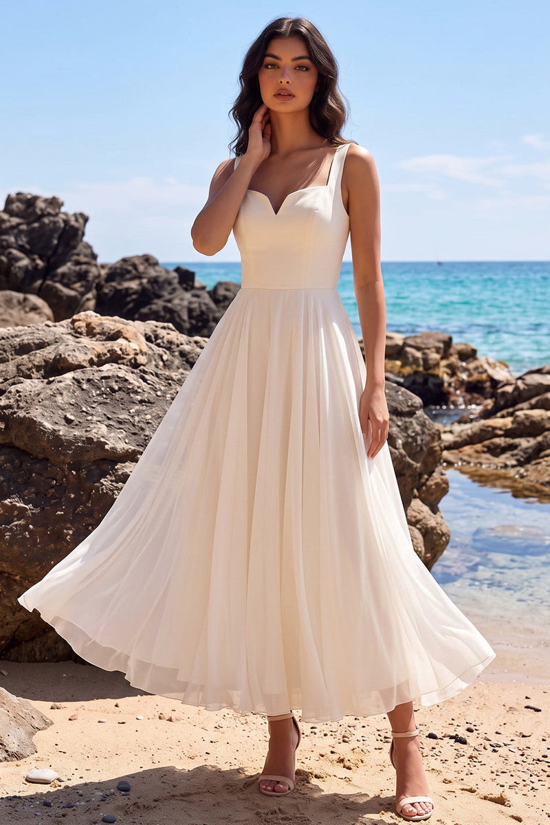 Load image into Gallery viewer, A Line White Chiffon Thick Straps Midi Beach Wedding Dress
