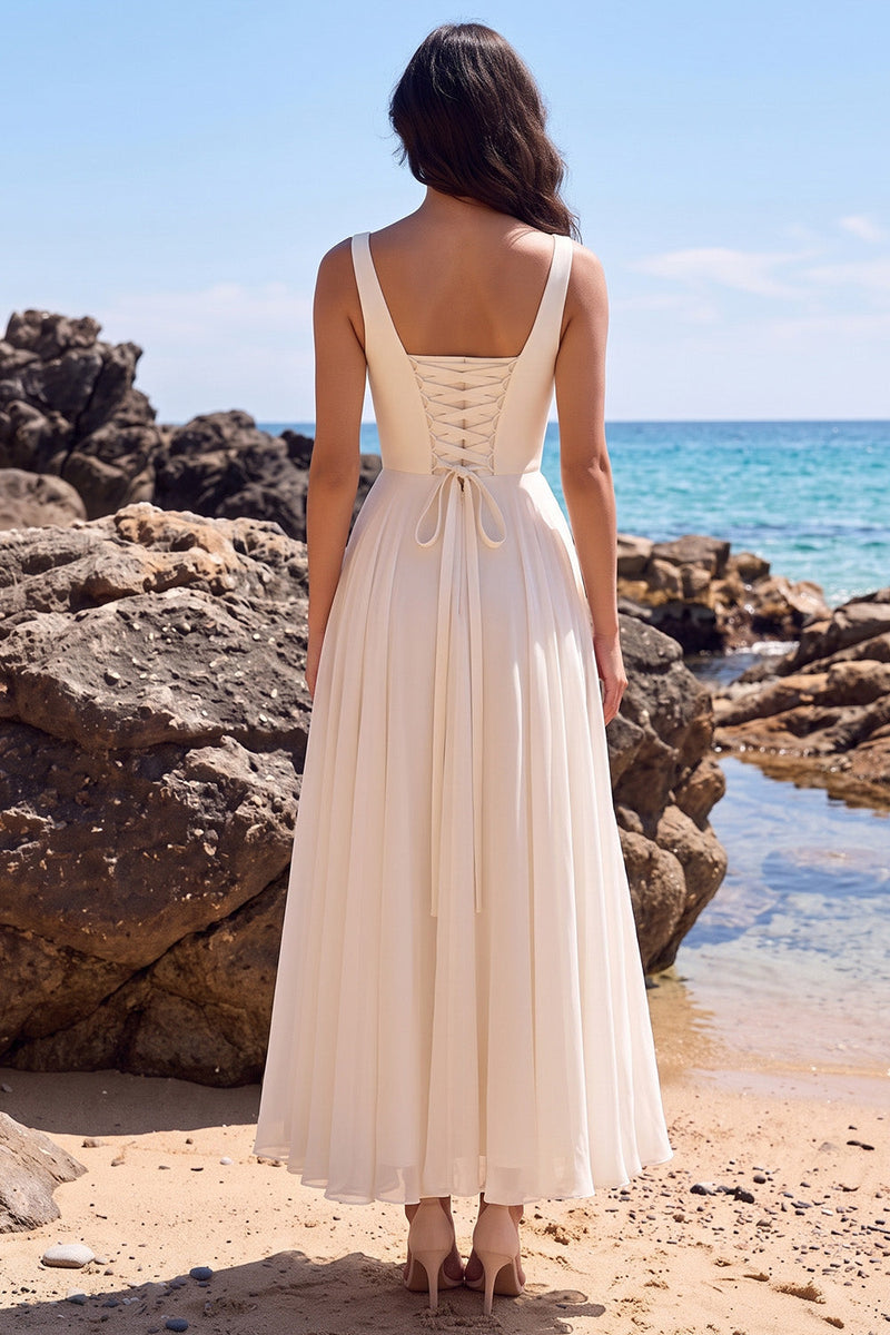 Load image into Gallery viewer, A Line White Chiffon Thick Straps Midi Beach Wedding Dress