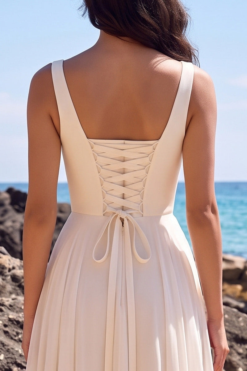 Load image into Gallery viewer, A Line White Chiffon Thick Straps Midi Beach Wedding Dress
